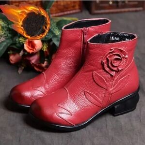 Women's Leather Red Ankle Boots With Fleece Lining And Fliwer